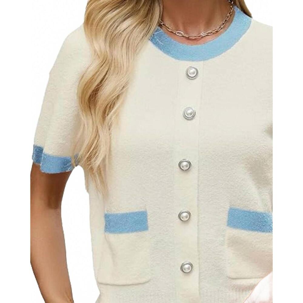 NEW URBAN REVIVO short sleeve crewneck cardigan in cream/blue - Picture 2 of 2